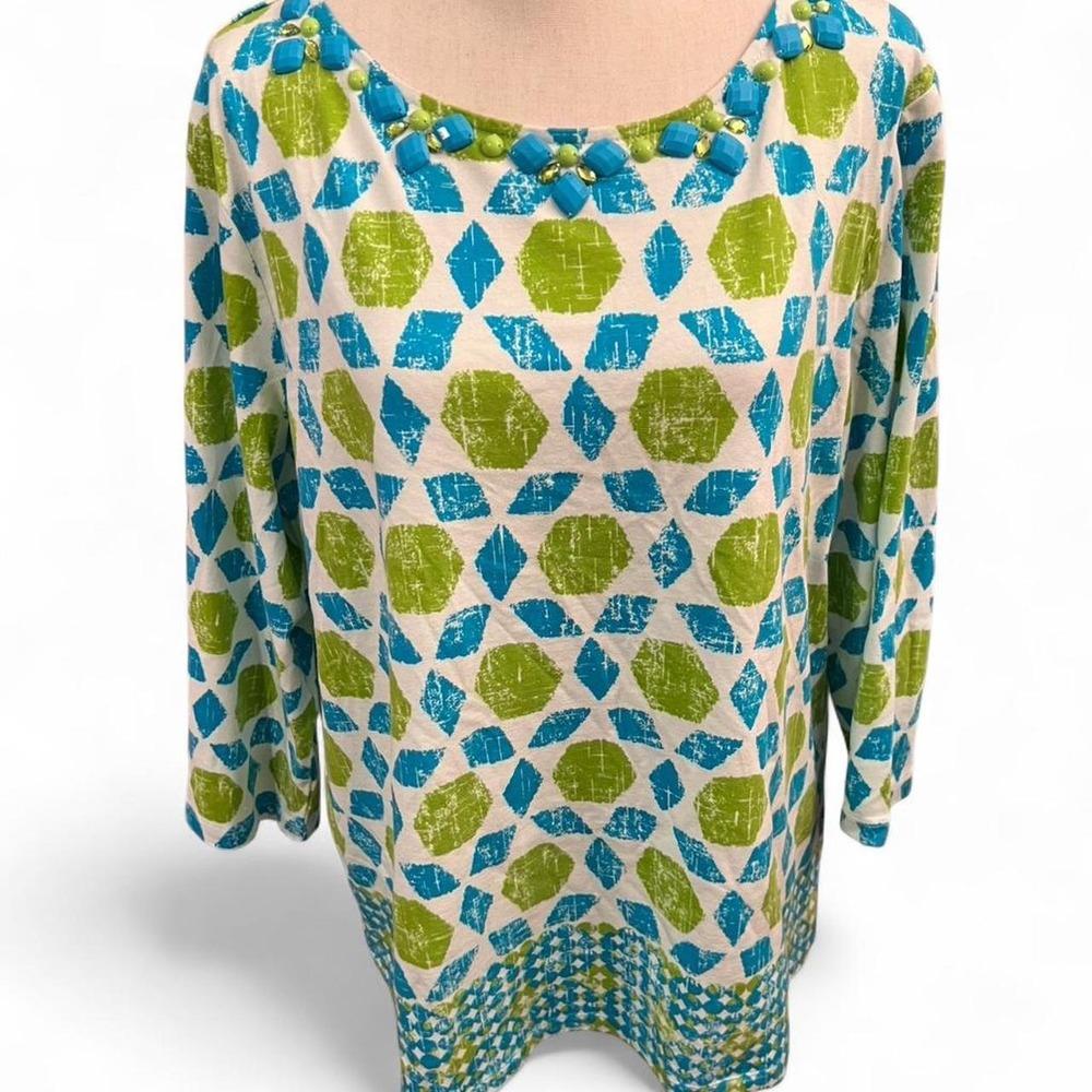 Ruby Rd Green & Turquoise Top with Beaded Embellished Neckline Women's XL
